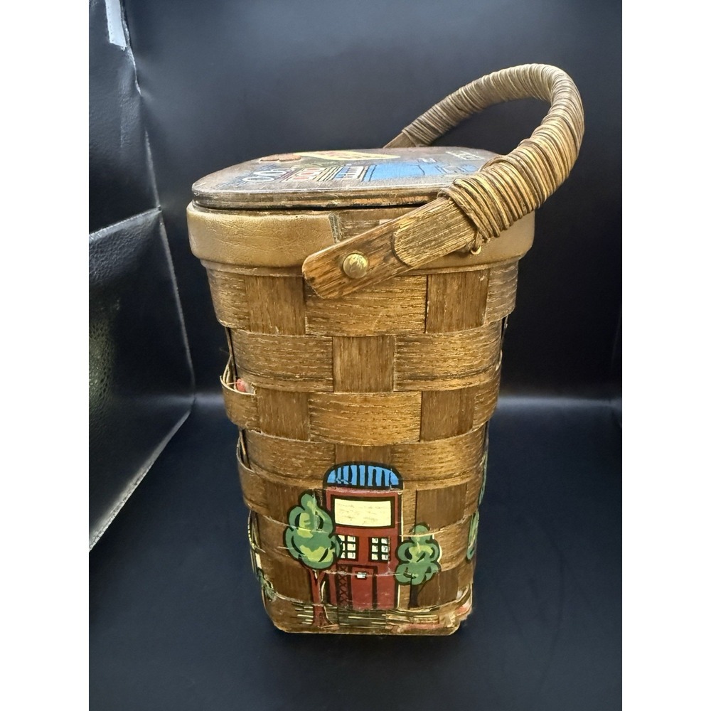 Vintage Smart Set Phenix Woven Basket Purse Handbag Painted Houses 1960s - Picture 2 of 7